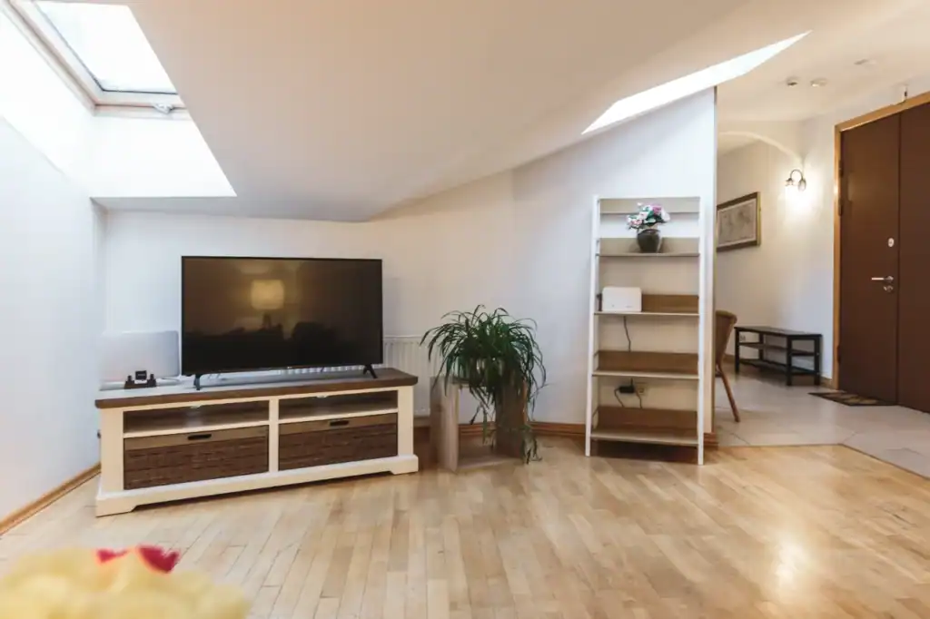 Bright living room with TV, bookshelf, and wooden flooring in apartment.