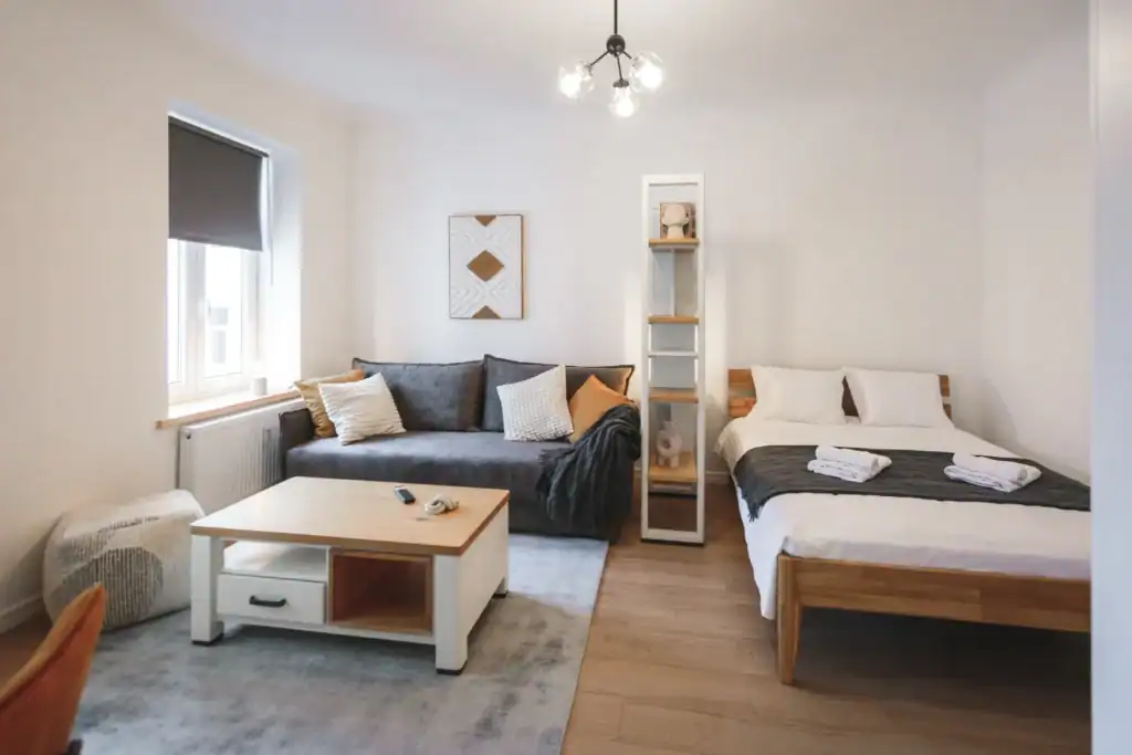 Bright studio apartment with skylight, sofa, and double bed for rent.